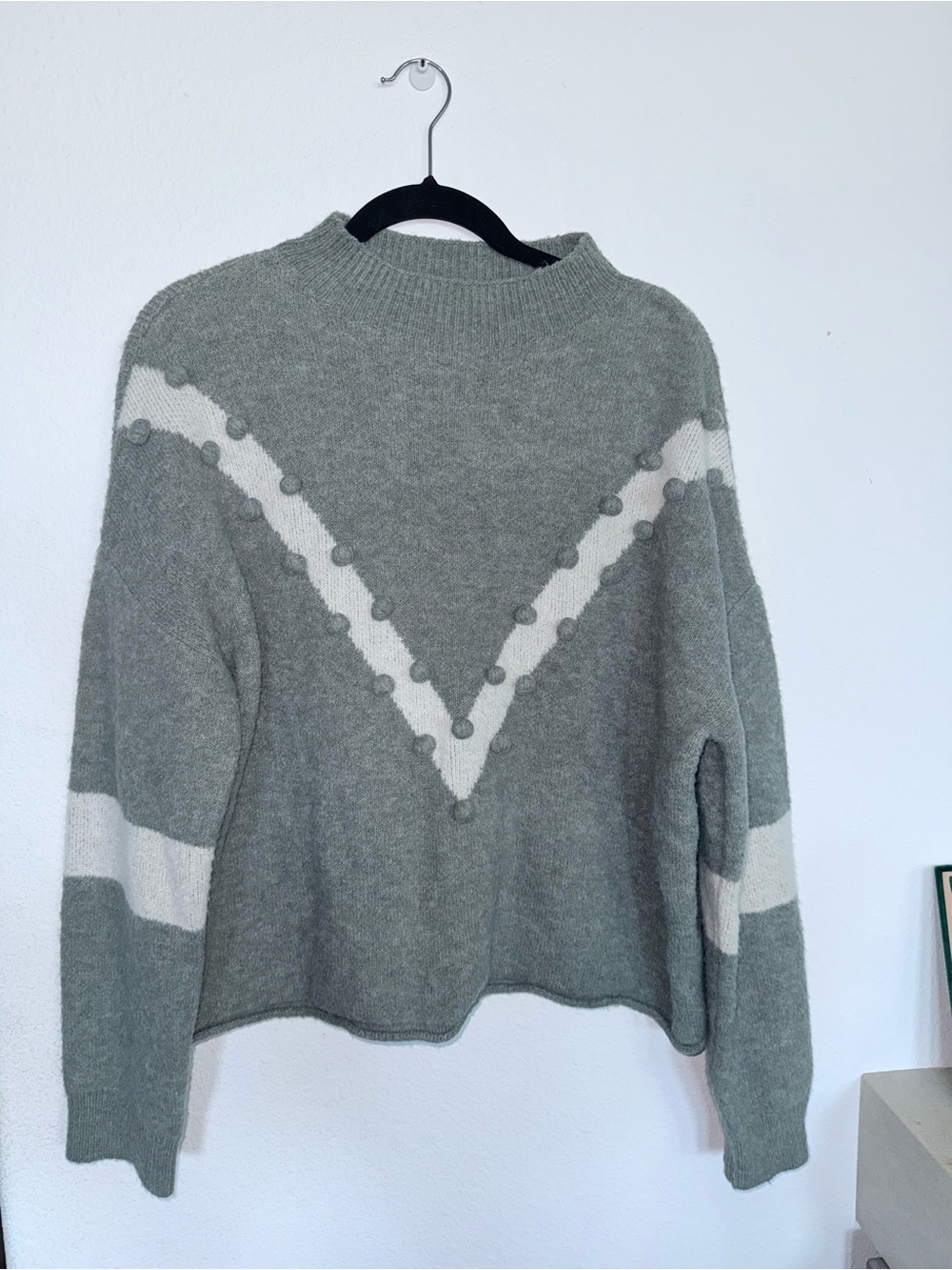 Lumiere Sage & Cream Pom Pom Chevron Knit Sweater Size M